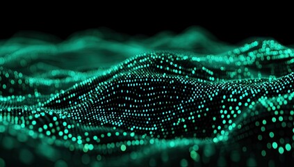 Abstract digital landscape of teal dots on a dark background.  Detailed and smooth wave-like patterns, creating a sense of depth and movement