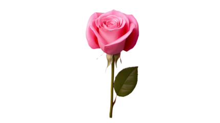 Pink rose stands gracefully with a single green leaf against the dark background.