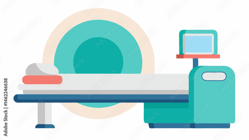 Poster patient bed a comfortable adjustable patient bed positioned next to the mri machine with soft paddin