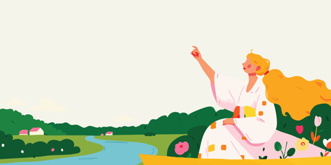 A girl with vibrant, flowing hair points towards the horizon,  immersed in the scenic panorama of a serene lake.