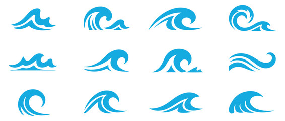 Set of blue wave icons on white background