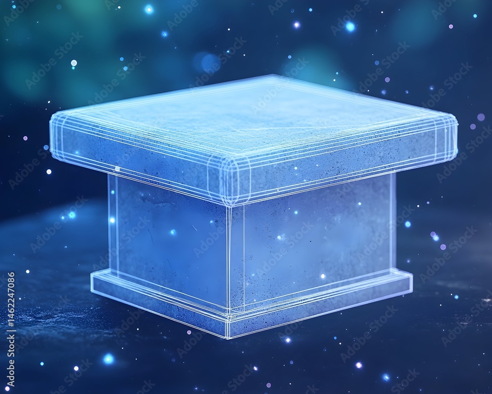 Poster a translucent, cube-shaped pedestal with a textured surface, seemingly floating against a dark, spar