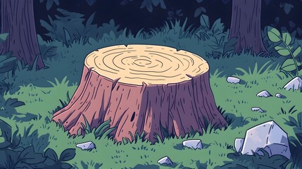 A tree stump sits in a forest clearing at dusk, surrounded by grass and rocks