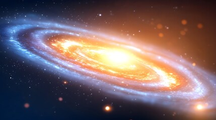 A vibrant spiral galaxy, glowing with orange and blue hues, swirls in the vast dark expanse of space, speckled with distant stars