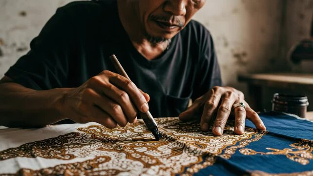 Skilled artisan creates detailed batik patterns with precision in a warm, inviting studio space