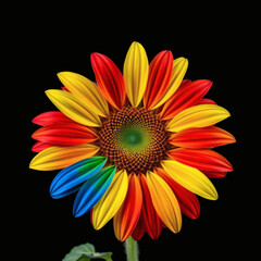 Sunflower with rainbow flag colors on dark textured background isolate