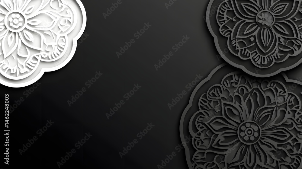 Poster three decorative circular patterns in black and white.