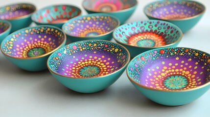 Vibrant Mandala Painted Bowls Teal Colorful Dots