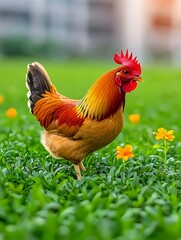 Fototapeta premium Rooster in grassy field with flowers