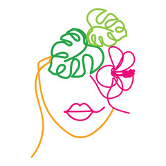 Abstract woman face with flower and monster leaf one line drawing vector. Monoline portrait minimalistic style neon color hand drawn illustration