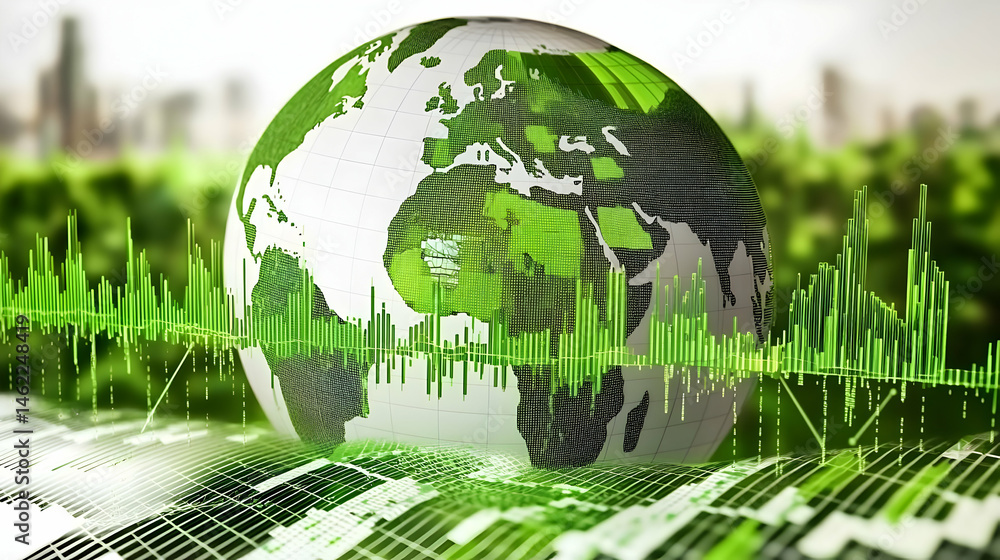 Poster green globe with data graphics and urban background