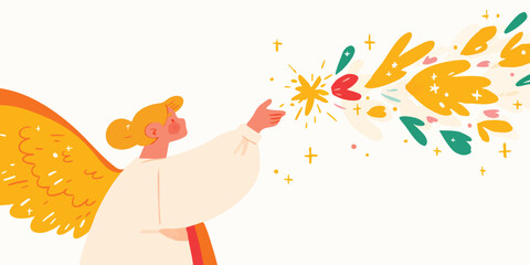 Obraz premium An ethereal angel with vibrant wings, extends a hand towards a radiant burst of colors, a whimsical illustration of peace and blessing.