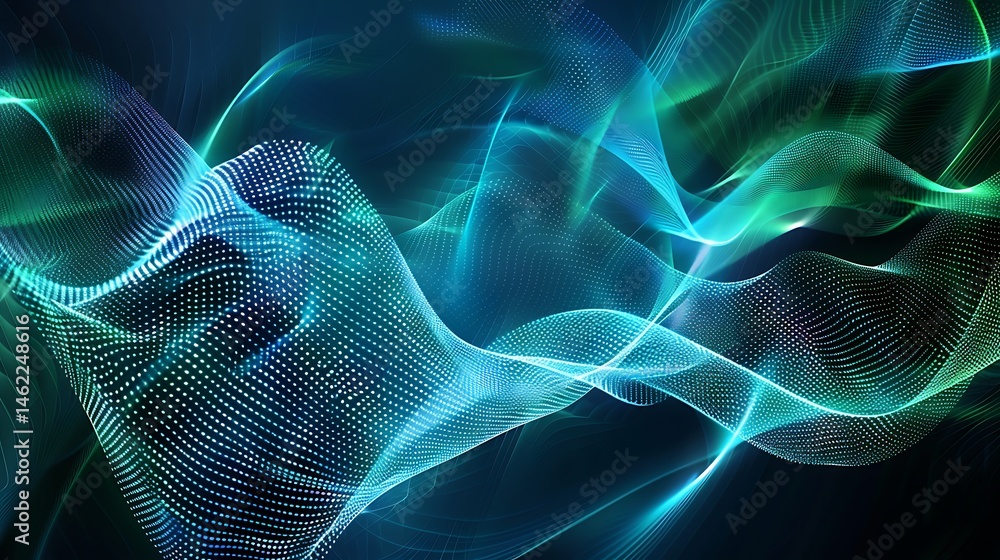 Aufkleber abstract background of flowing, translucent wavy lines and particle grids in ethereal blue and green