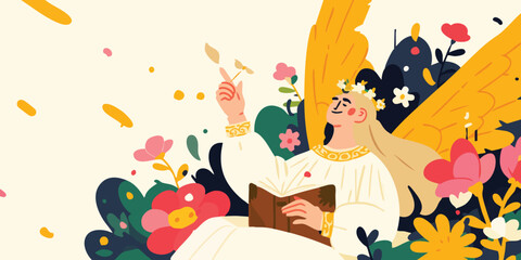 Fototapeta premium An angelic figure, adorned with radiant golden wings, rests amidst a vibrant tapestry of blooming flowers, gracefully holding a book in a beautiful and dreamlike scene.