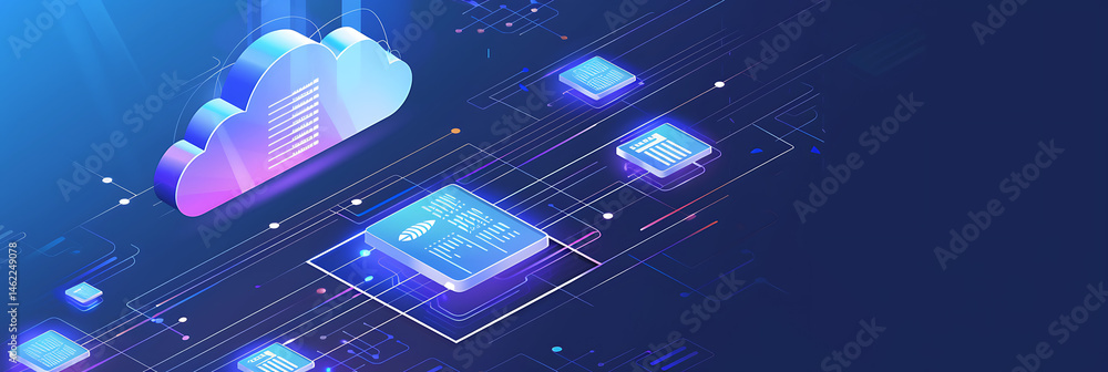 Poster isometric illustration of a colorful cloud icon connected to glowing data chips or processors on a d