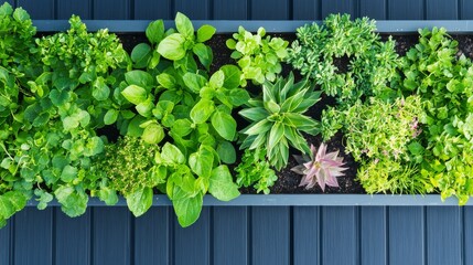 Aerial View of Lush Green Plants Including Herbs and Succulents in a Rectangular Planter