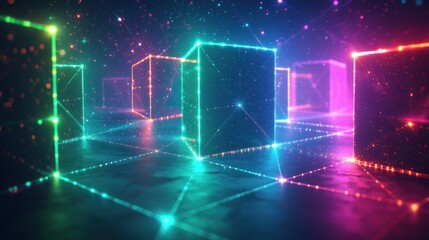Fototapeta premium Neon Cubes Glowing in Cosmic Digital Space