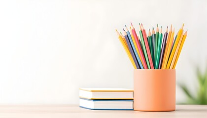 Fototapeta premium Colorful pencils in a holder, next to stacked notebooks on a desk