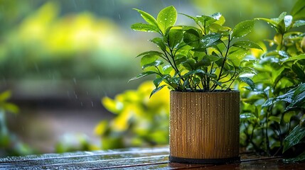 Lush green plant in a wooden pot during a rain shower