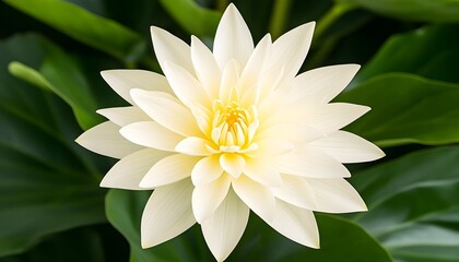 Creamy white water lily in full bloom, nestled amongst lush green foliage
