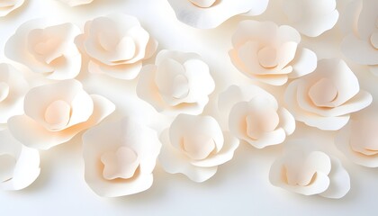 Delicate off-white paper flowers scattered on a white background