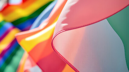 Pride Month in America with vibrant pastel rainbow flags displayed out