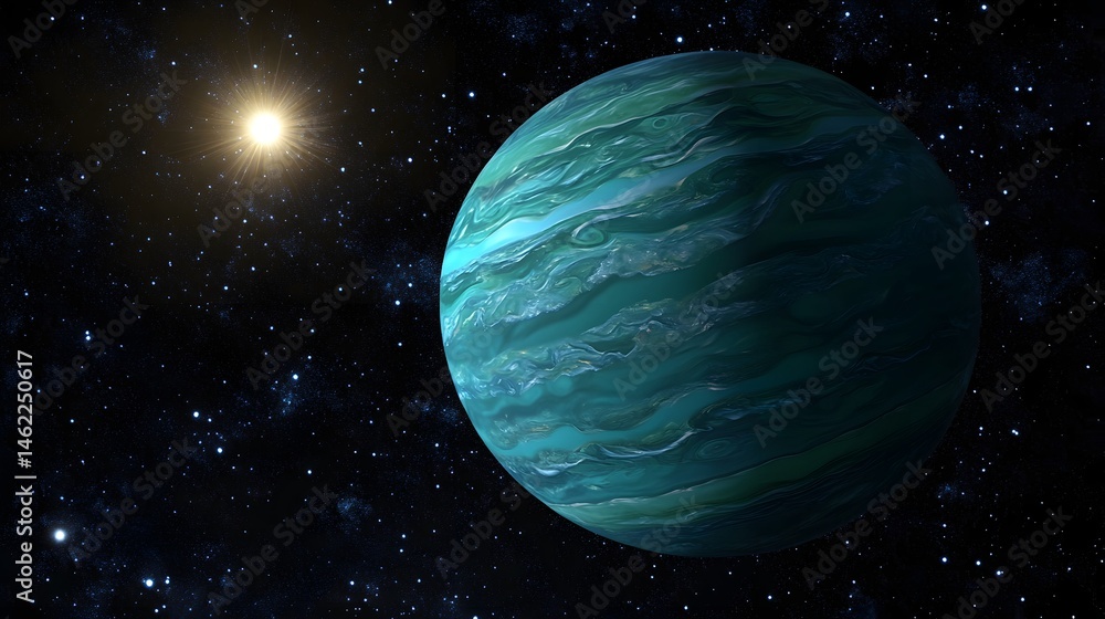 Poster celestial body with swirling patterns in deep space.