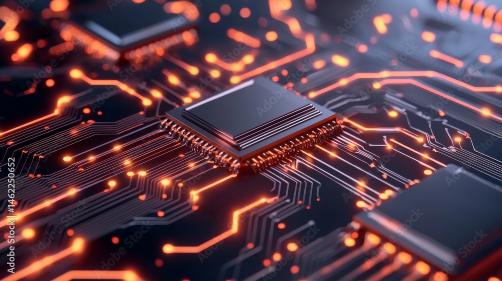 Poster close-up of an led circuit board glowing with intricate patterns and vibrant orange lights