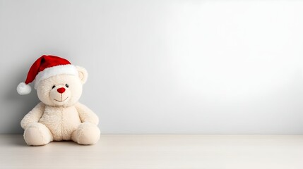 Festive plush bear in Santa hat against a plain background