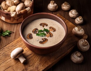 Fototapeta premium gourmet mushroom soup served in a rustic bowl beside fresh mushrooms on a wooden board