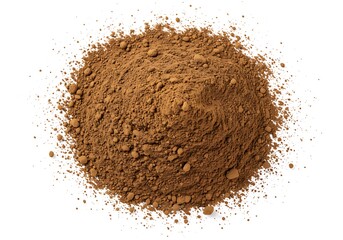 A top down view of a mound of brown powder with small clumps on a white background in bright light