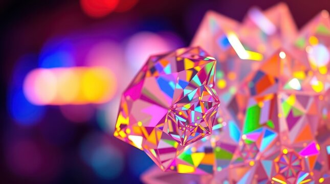 Multifaceted crystal cluster glows in vibrant hues.  Detailed close-up of a collection of polygonal, gem-like structures, each reflecting light in a dazzling array of colors