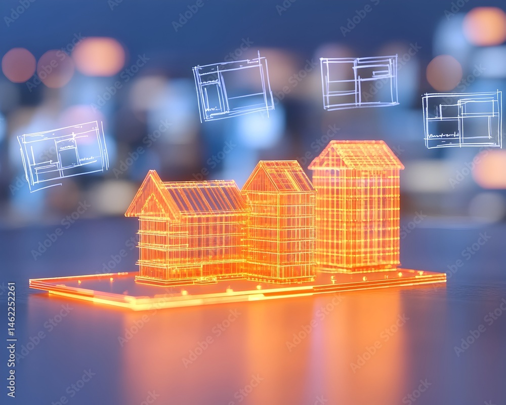 Aufkleber glowing wireframe models of houses and building blueprints on a digital platform