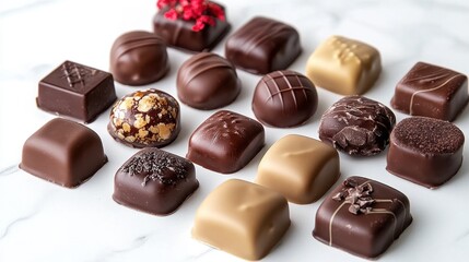 Artisanal chocolate selection on clean white marbled backdrop