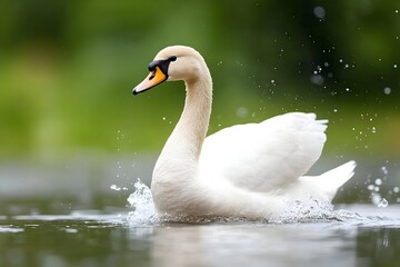 Obraz premium Graceful white swan glides on water, creating ripples and splashes against a blurred green background