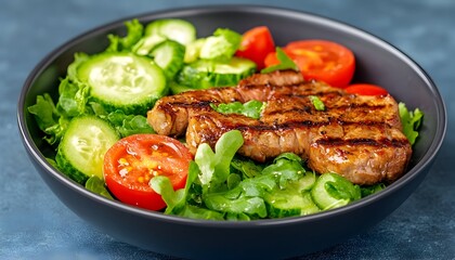 Grilled steak atop a fresh salad of cucumbers, tomatoes, and lettuce in a dark bowl