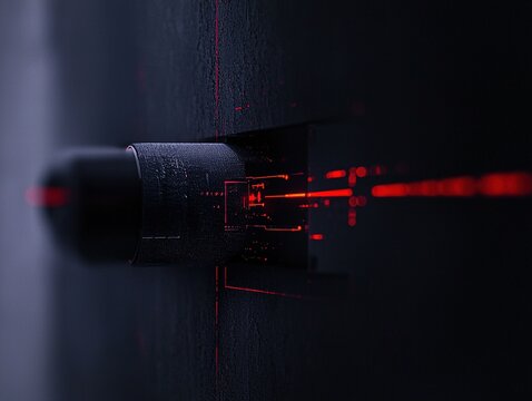 Dark futuristic design with glowing red lines.