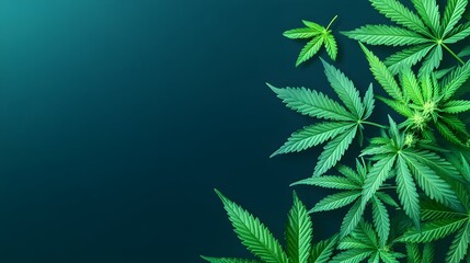 Lush green cannabis leaves and buds arranged on a dark teal background, leaving ample copy space