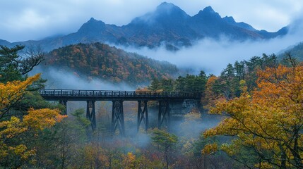 Autumnal mountain vista with a wooden bridge shrouded in mist