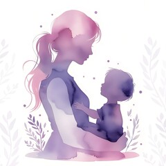 watercolor image of a silhouette of a mother and child in purple tones, Mother's Day, AI, isolate
