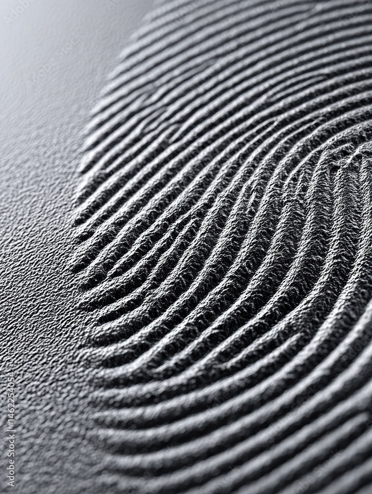 Poster close-up of a detailed fingerprint pattern on a textured surface, highlighting unique ridges and bio
