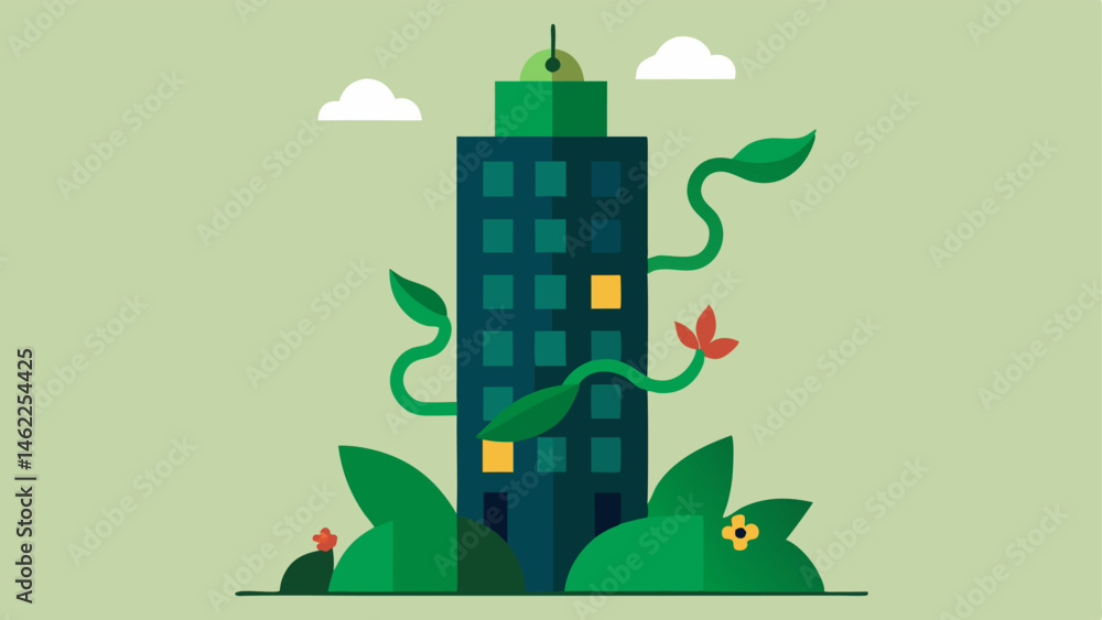 Poster nature integration a vertical view of a tall building intertwined with green vines and blooming flow