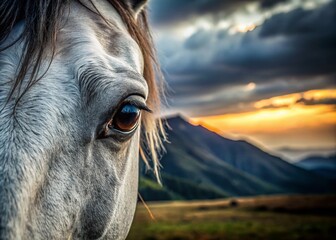 Majestic Gray Horse Eye with Long Eyelashes - Stunning Landscape Photography