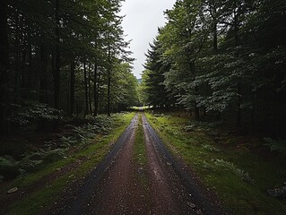 A rustic woodland path stretches into a misty forest.