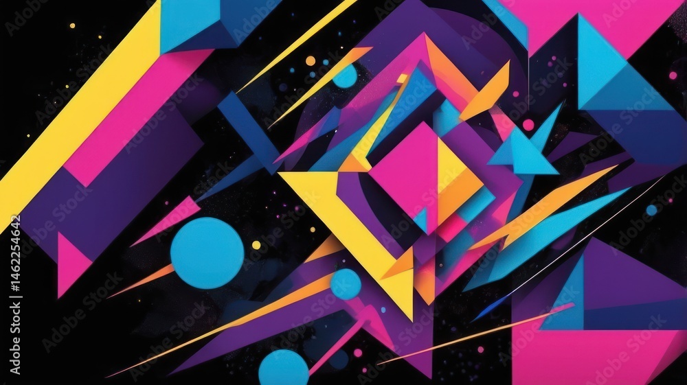 Poster vibrant geometric shapes explode across a dark background, creating a dynamic, abstract composition
