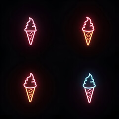 Set of Ice Cream Cone Icon Sweet Frozen Cream Delicious Summer Food Cold Dessert Gelato Neon Line Art Illustration
