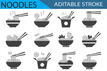Line Art Noodles with Toppings and Steam Effects for Culinary and Restaurant Designs