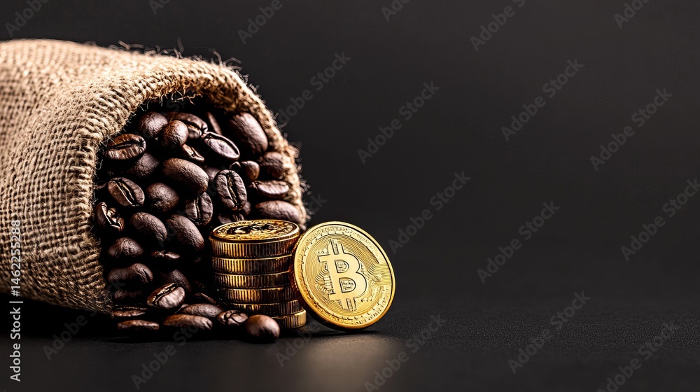 Poster coffee beans spill from a burlap sack next to a stack of golden bitcoin coins on a dark surface.