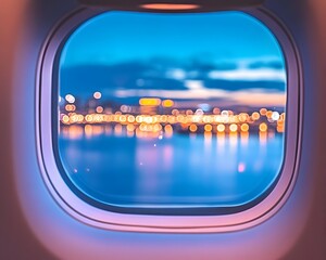 Night city lights blurred through airplane window
