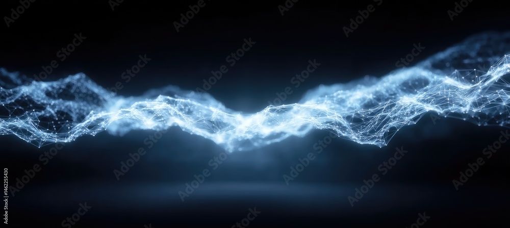 Poster abstract blue digital network visualization with glowing particles dark background and a sense of in